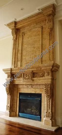 Lareira luxuosa de mármore de pedra dupla antiga com estátua de leão esculpida em flor (QY-LS649)